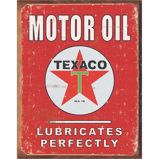 Vintage Texaco motor oil sign with red background and white text.