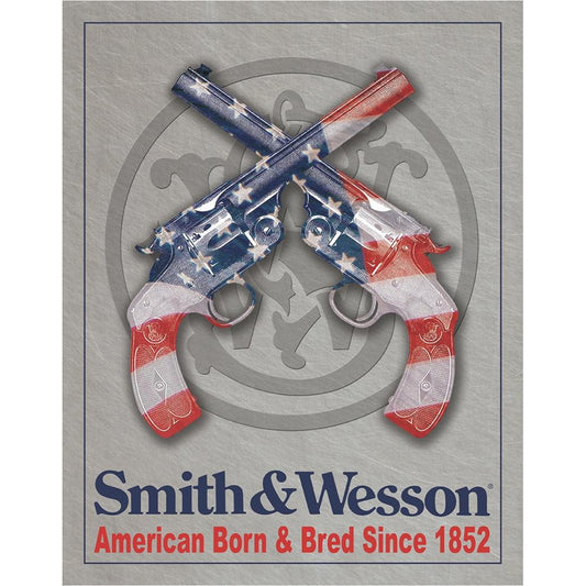 Smith & Wesson logo with crossed revolvers in American flag colors on a gray background