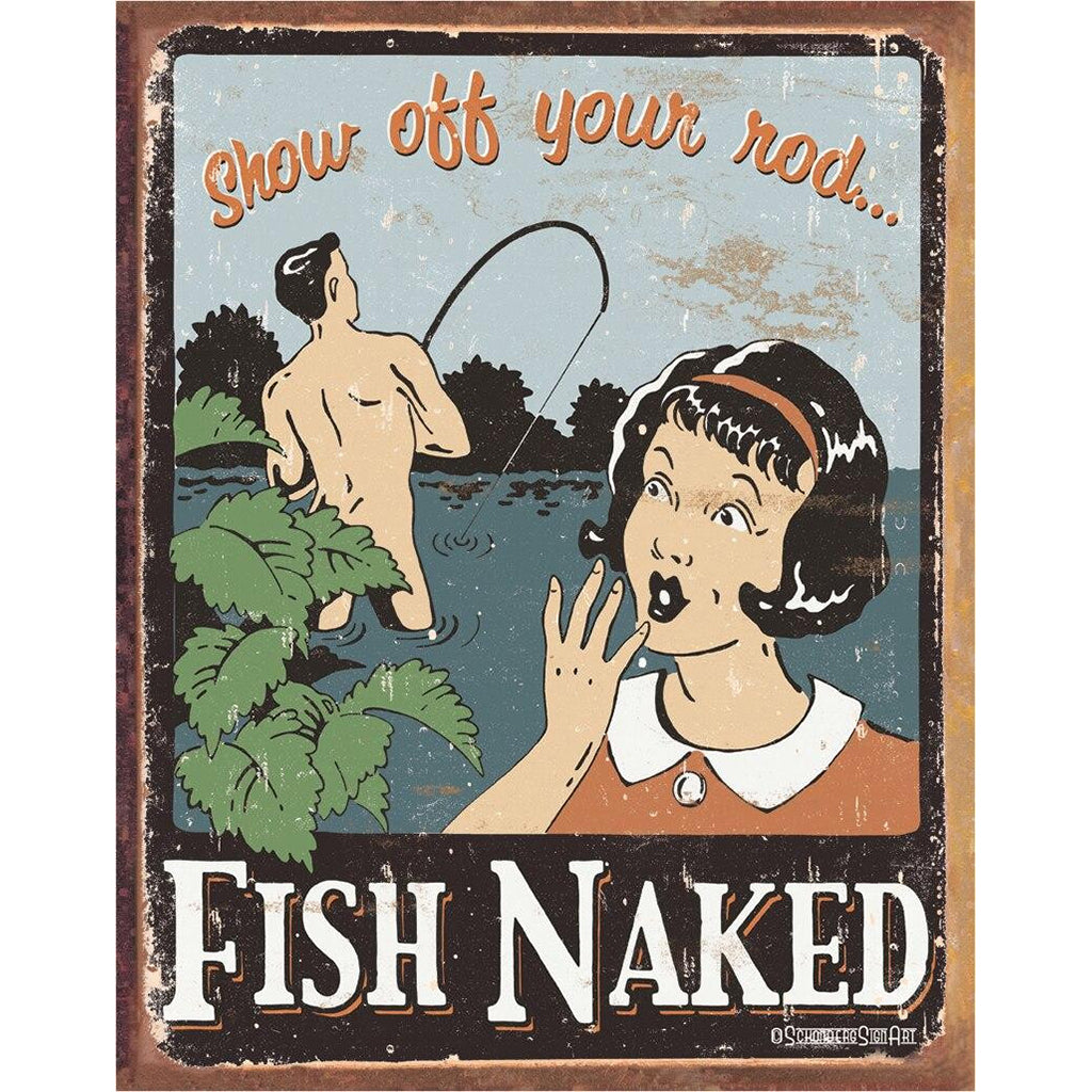 Vintage Style Sign with Man Fishing and Woman with shocked expression