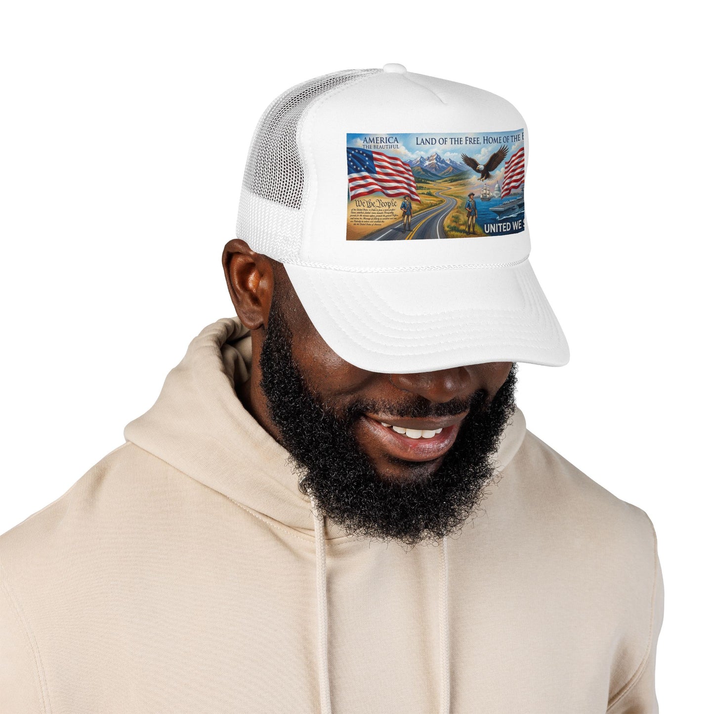 Patriotic Foam Trucker Hat — "United We Stand" Eagle & American Flag Design