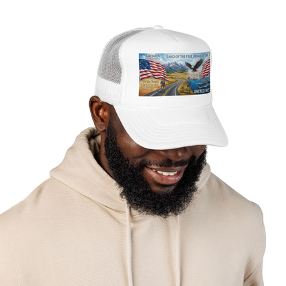 Patriotic Foam Trucker Hat — "United We Stand" Eagle & American Flag Design
