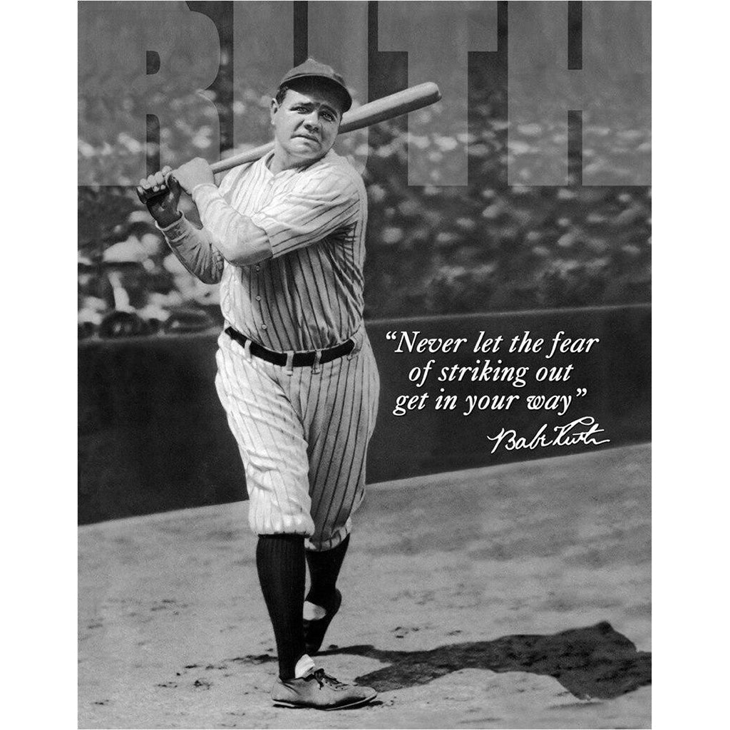 Vintage black and white photo of a baseball player with a bat, featuring a famous quote.