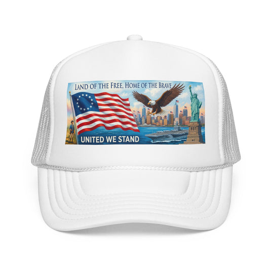 Patriotic Trucker Hat — "United We Stand" American Flag & Eagle Foam Cap