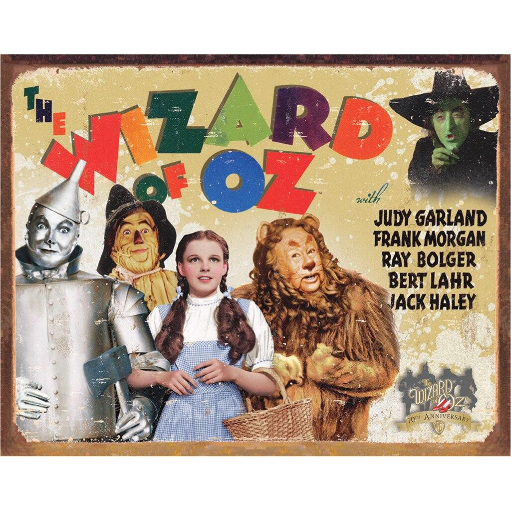Vintage-style poster for 'The Wizard of Oz' featuring main characters and colorful text.