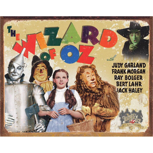 Vintage-style poster for 'The Wizard of Oz' featuring main characters and colorful text.