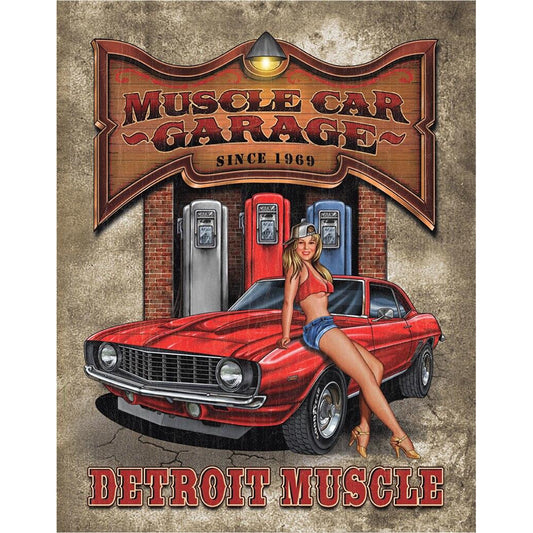 Vintage-style sign with a red muscle car and a pin-up girl, featuring 'Muscle Car Garage' and 'Detroit Muscle'.