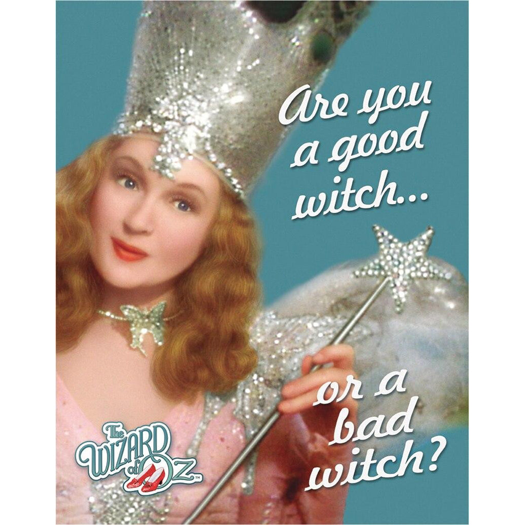 Character from 'The Wizard of Oz' in a silver outfit with a question about being a good or bad witch.