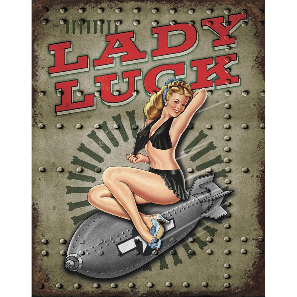 Vintage-style sign with 'Lady Luck' text and a pin-up girl on a bomb.