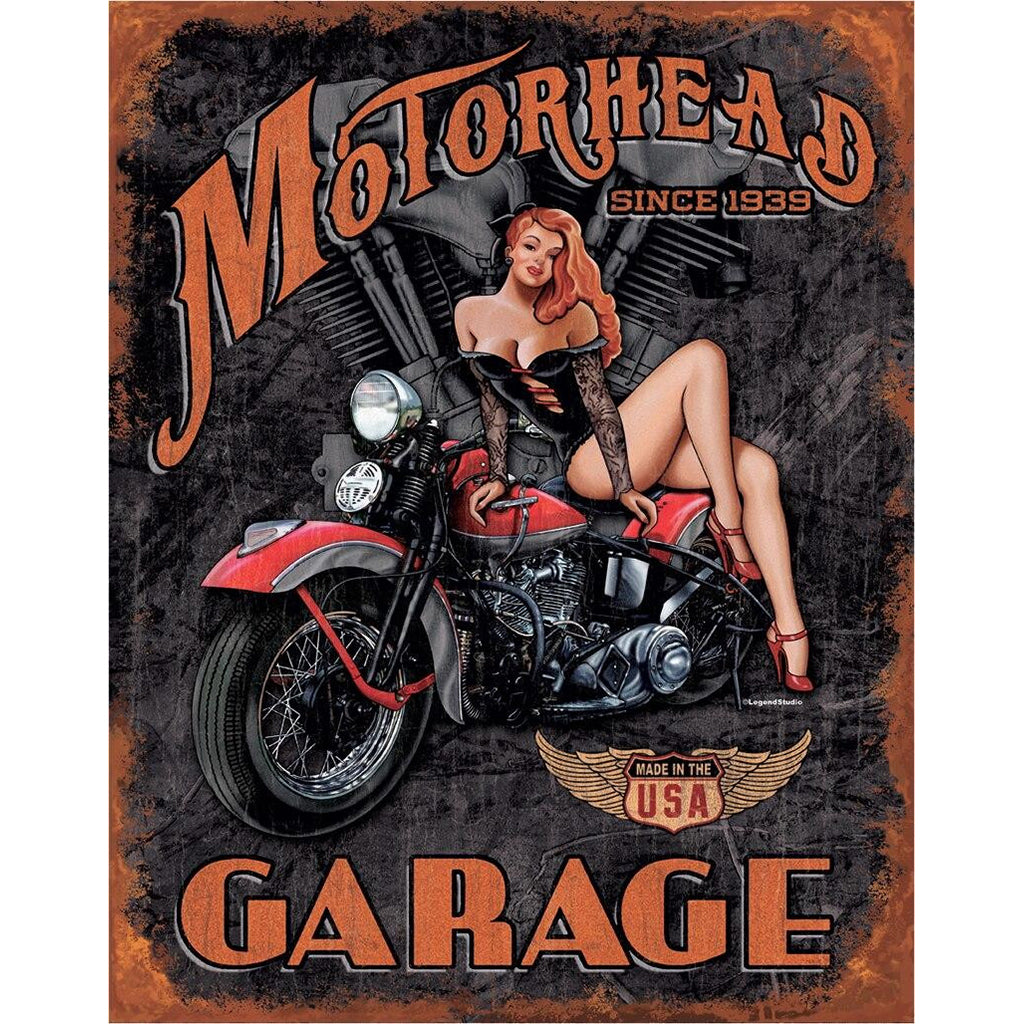 Motorhead garage sign with a woman on a motorcycle