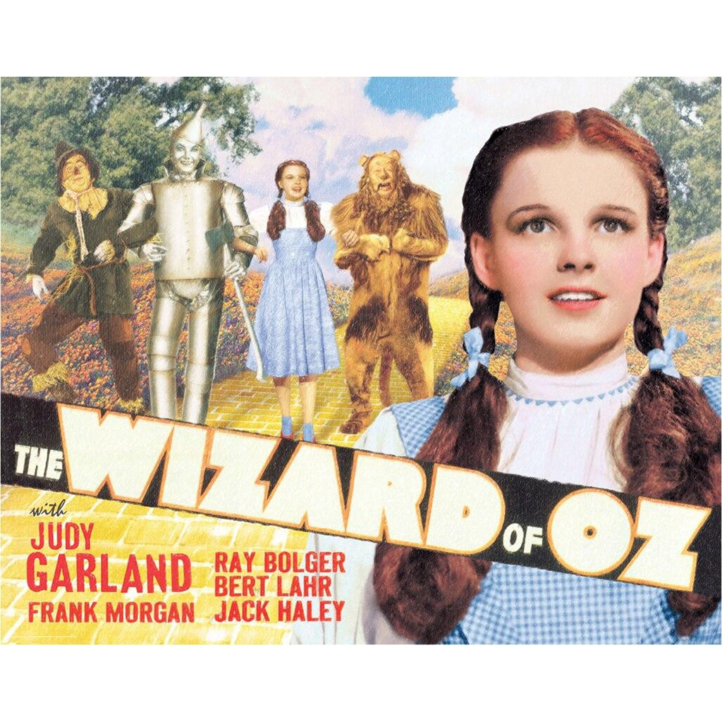 Vintage movie poster for 'The Wizard of Oz' featuring Dorothy, the Tin Man, Scarecrow, and Lion on a yellow brick road.
