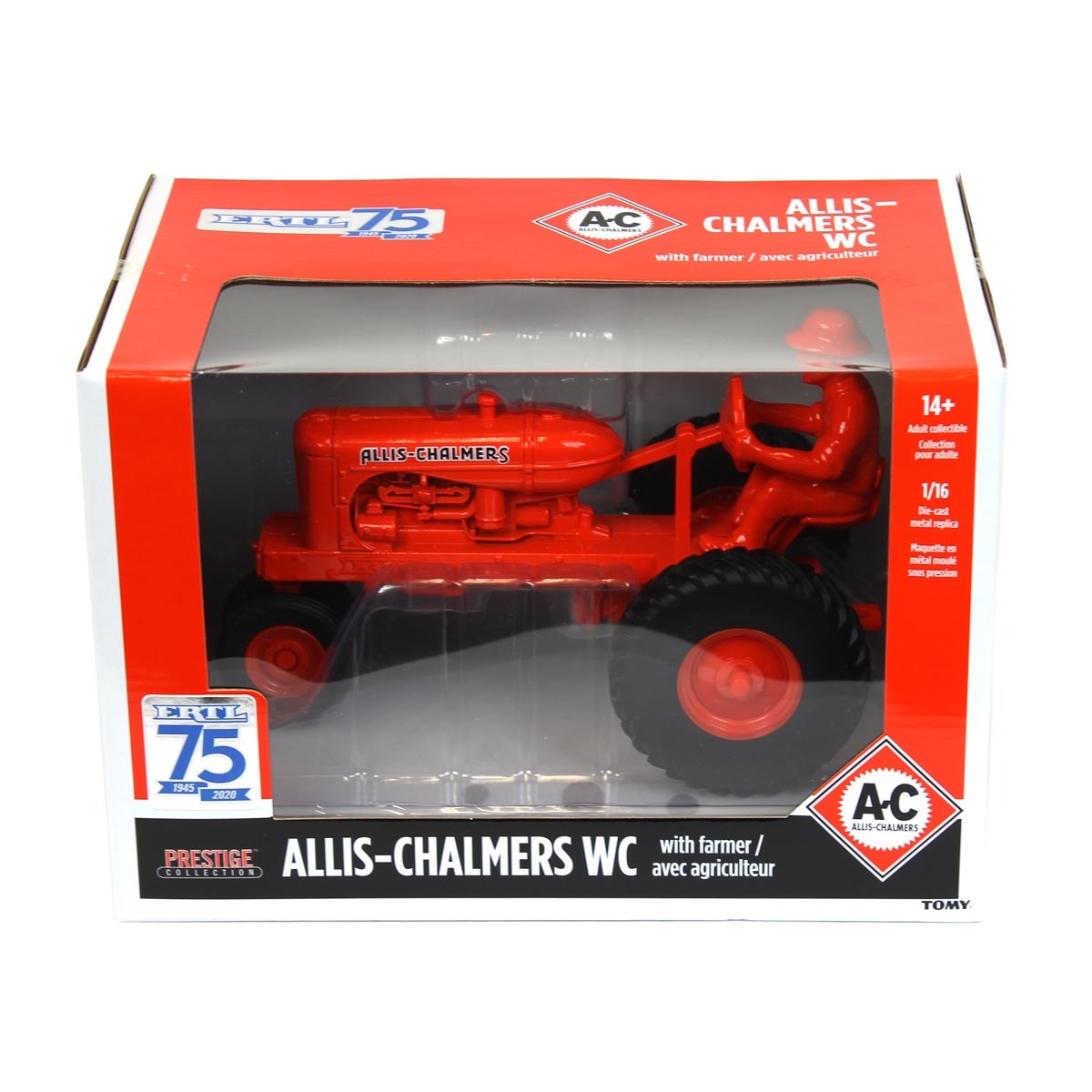 Orange toy tractor in a box with Allis-Chalmers branding on a white background