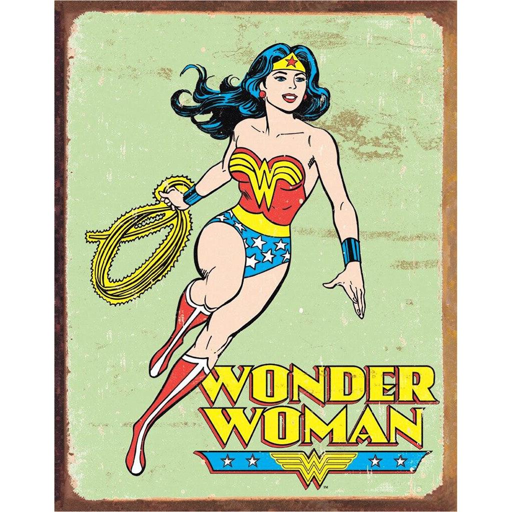 Vintage-style poster of Wonder Woman holding a lasso on a green background