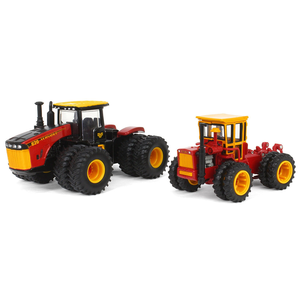Two Versatile toy tractors, one larger and one smaller, on a white background
