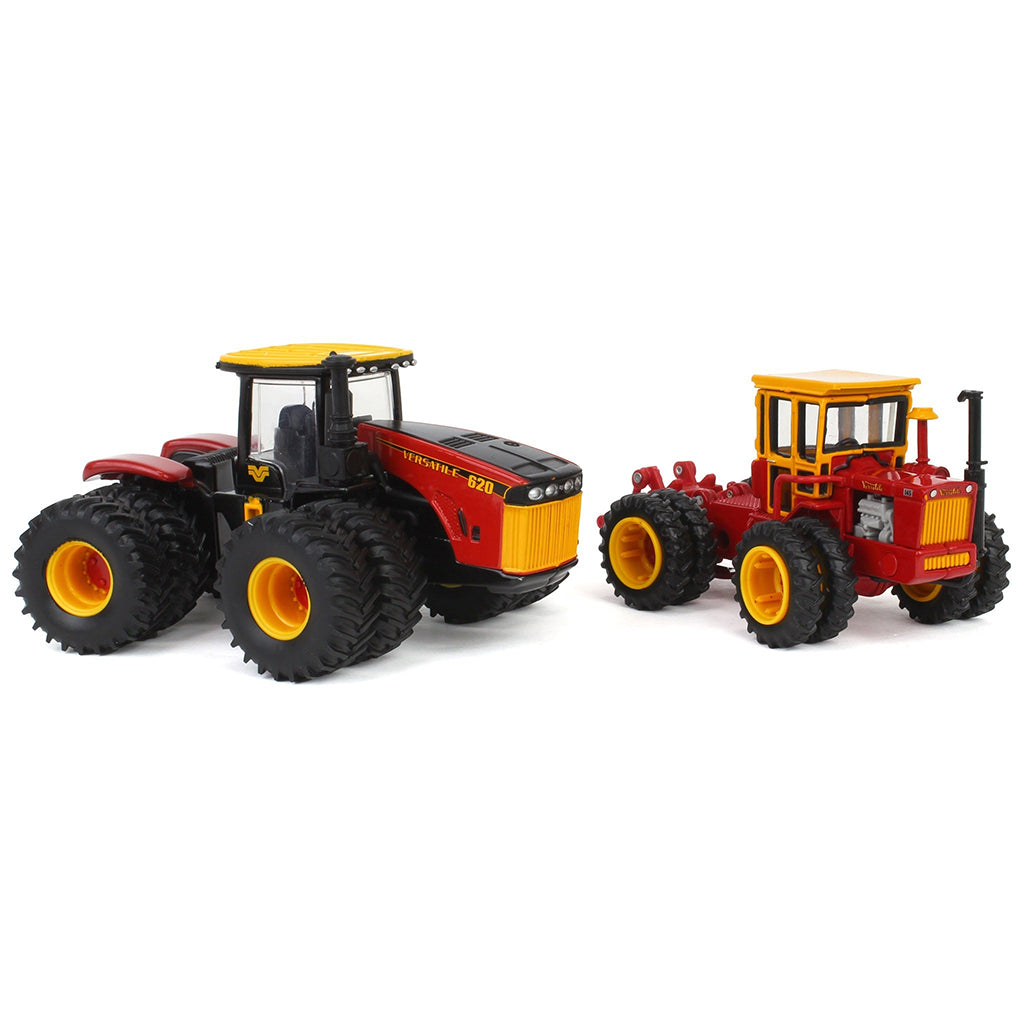 Two Versatile toy tractors, one larger and one smaller, on a white background
