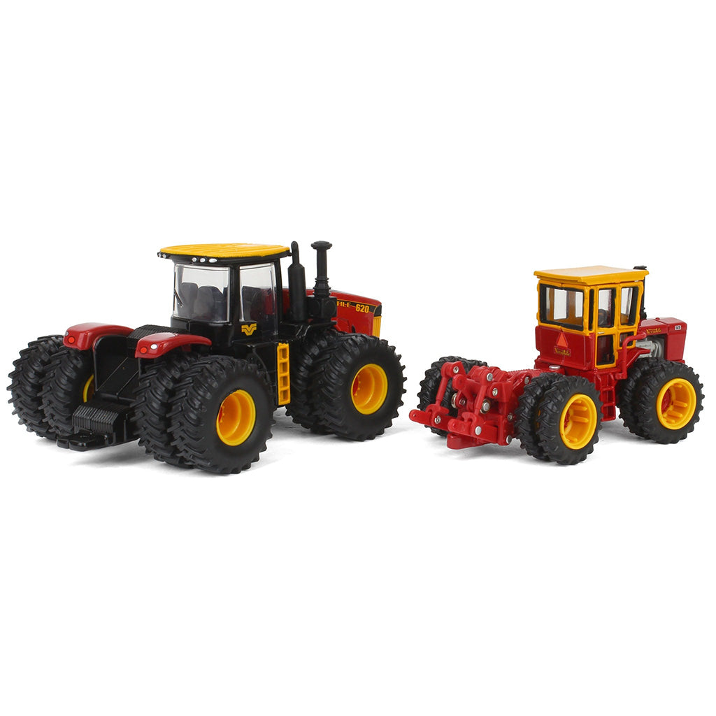 Two Versatile toy tractors, one larger and one smaller, on a white background