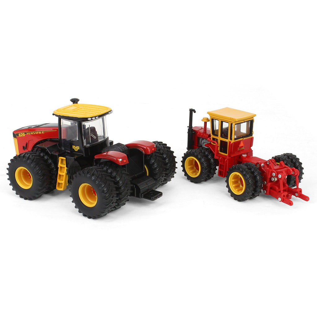Two Versatile toy tractors, one larger and one smaller, on a white background