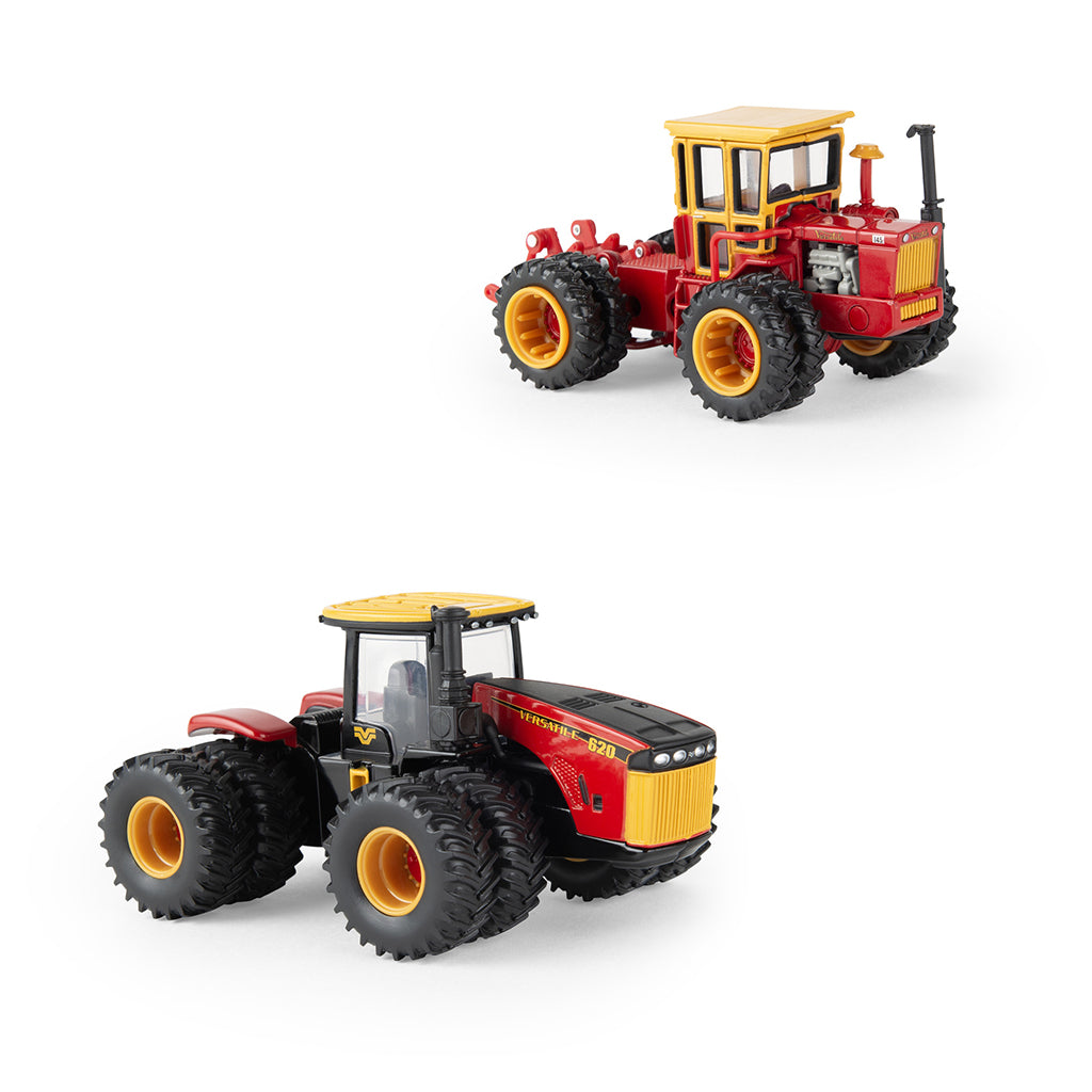 Two Versatile toy tractors, one larger and one smaller, on a white background