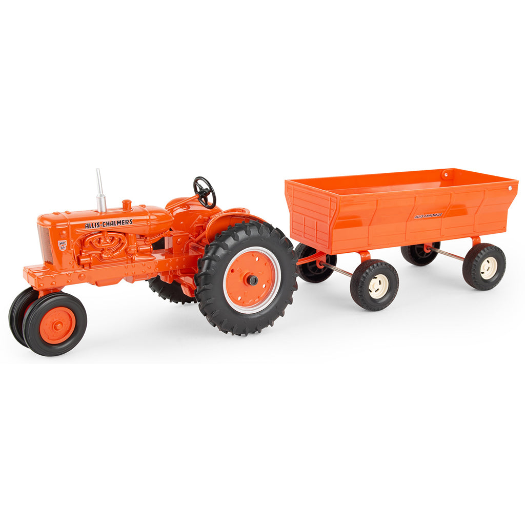 Orange Allis-Chalmers toy tractor with a flarebox wagon on a white background