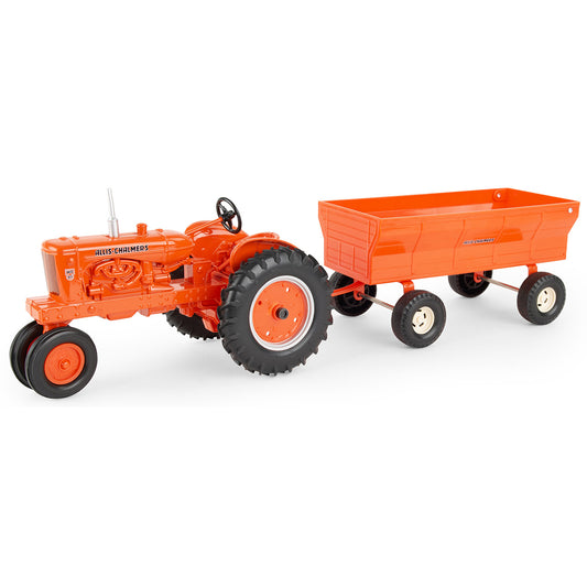Orange Allis-Chalmers toy tractor with a flarebox wagon on a white background