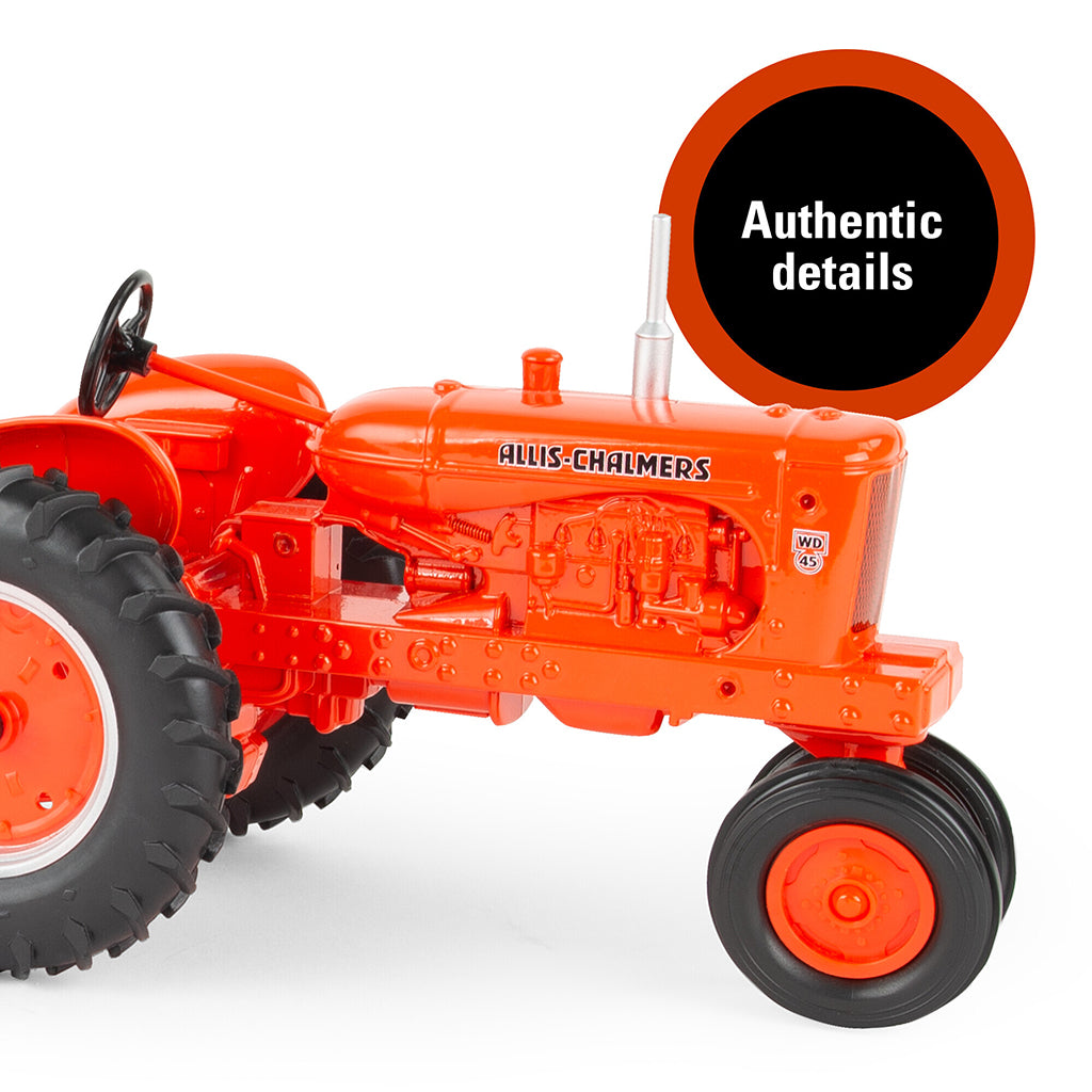 Orange Allis-Chalmers tractor model with 'Authentic details' label on a white background