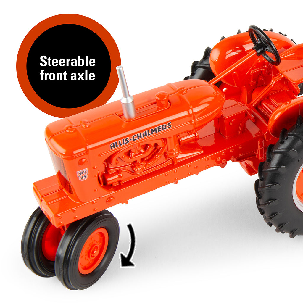 Orange Allis-Chalmers tractor model with 'Steerable Front Axle' label on a white background