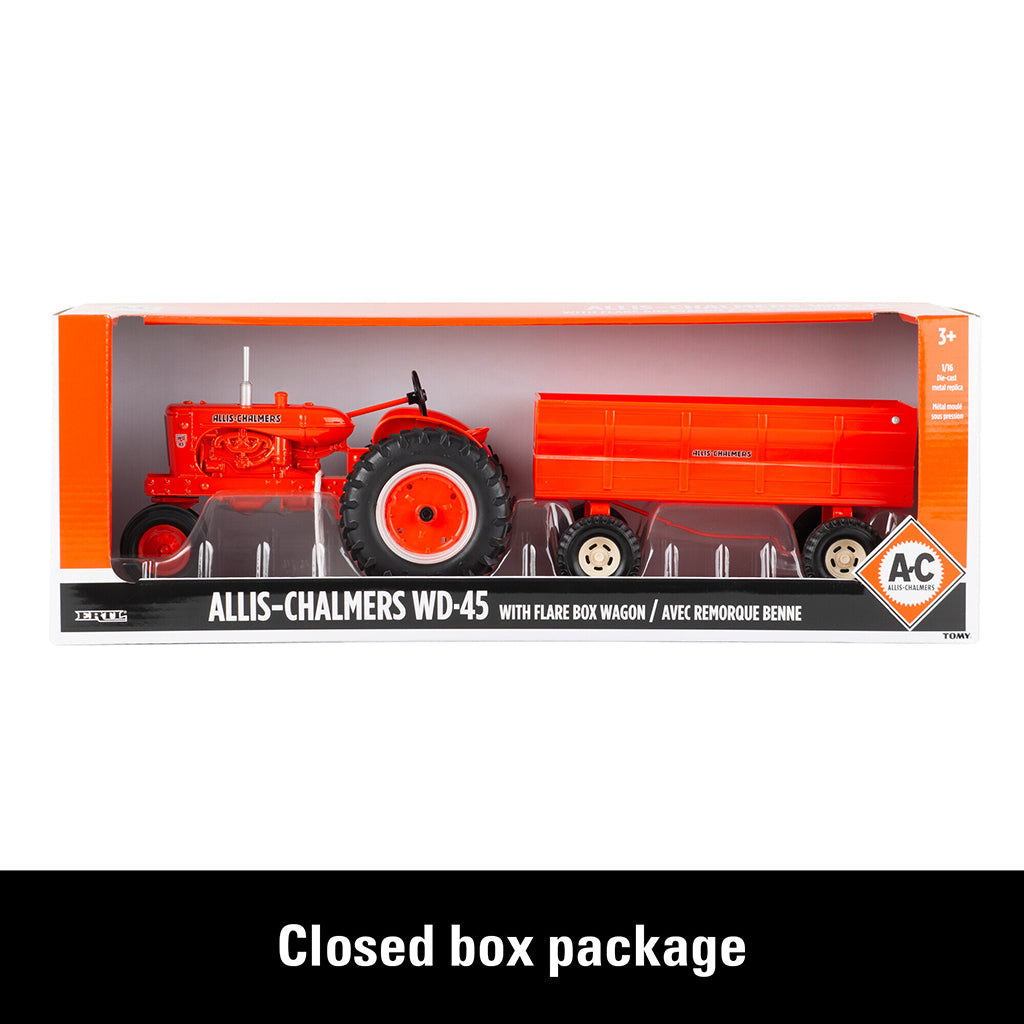 Orange Allis-Chalmers toy tractor with a flarebox wagon in packaging on a white background