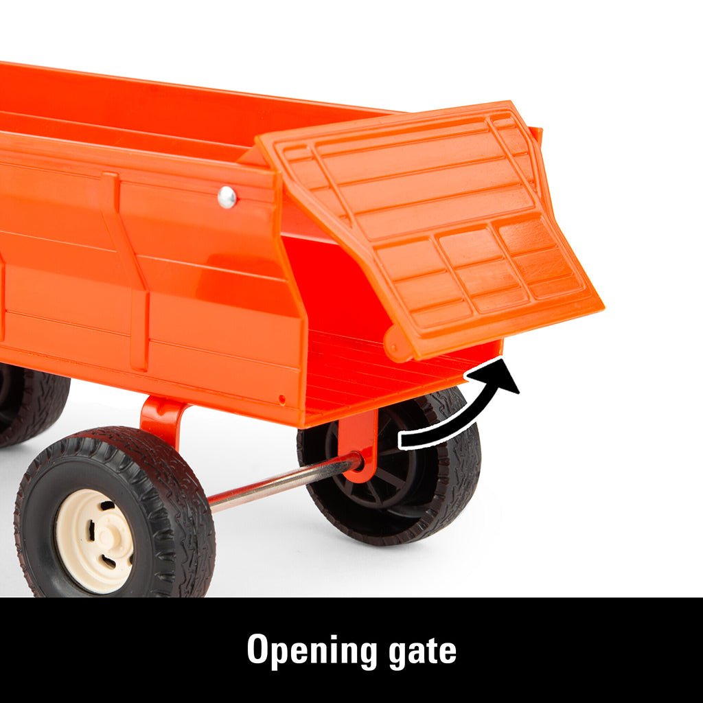 Orange toy wagon with an open gate on a white background