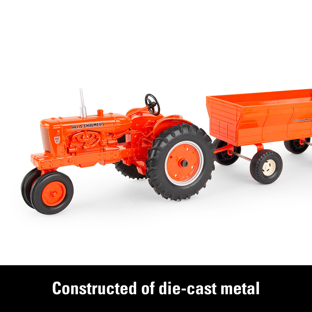 Orange Allis-Chalmers toy tractor with a flarebox wagon on a white background