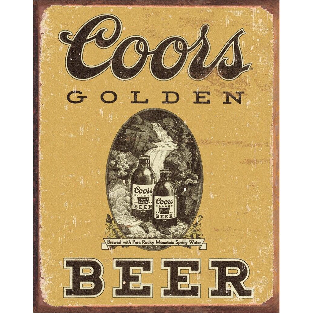 Vintage Coors Golden Beer sign with bottles and mountain graphic on a yellow background