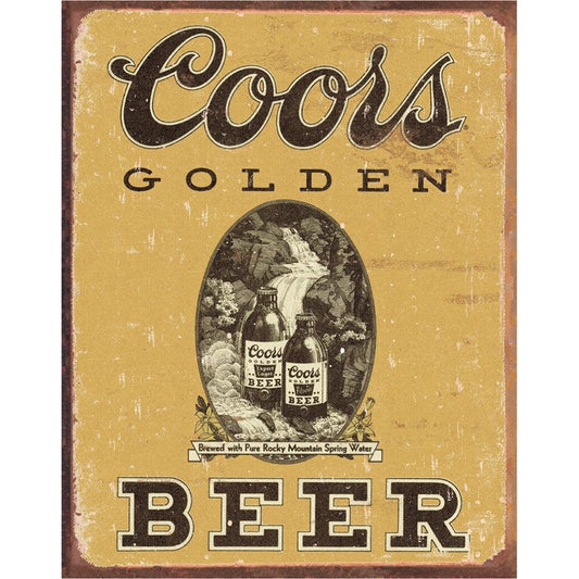 Vintage Coors Golden Beer sign with bottles and mountain graphic on a yellow background