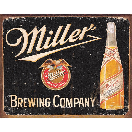 Vintage-style sign for Miller Brewing Company with a bottle illustration on a black background.