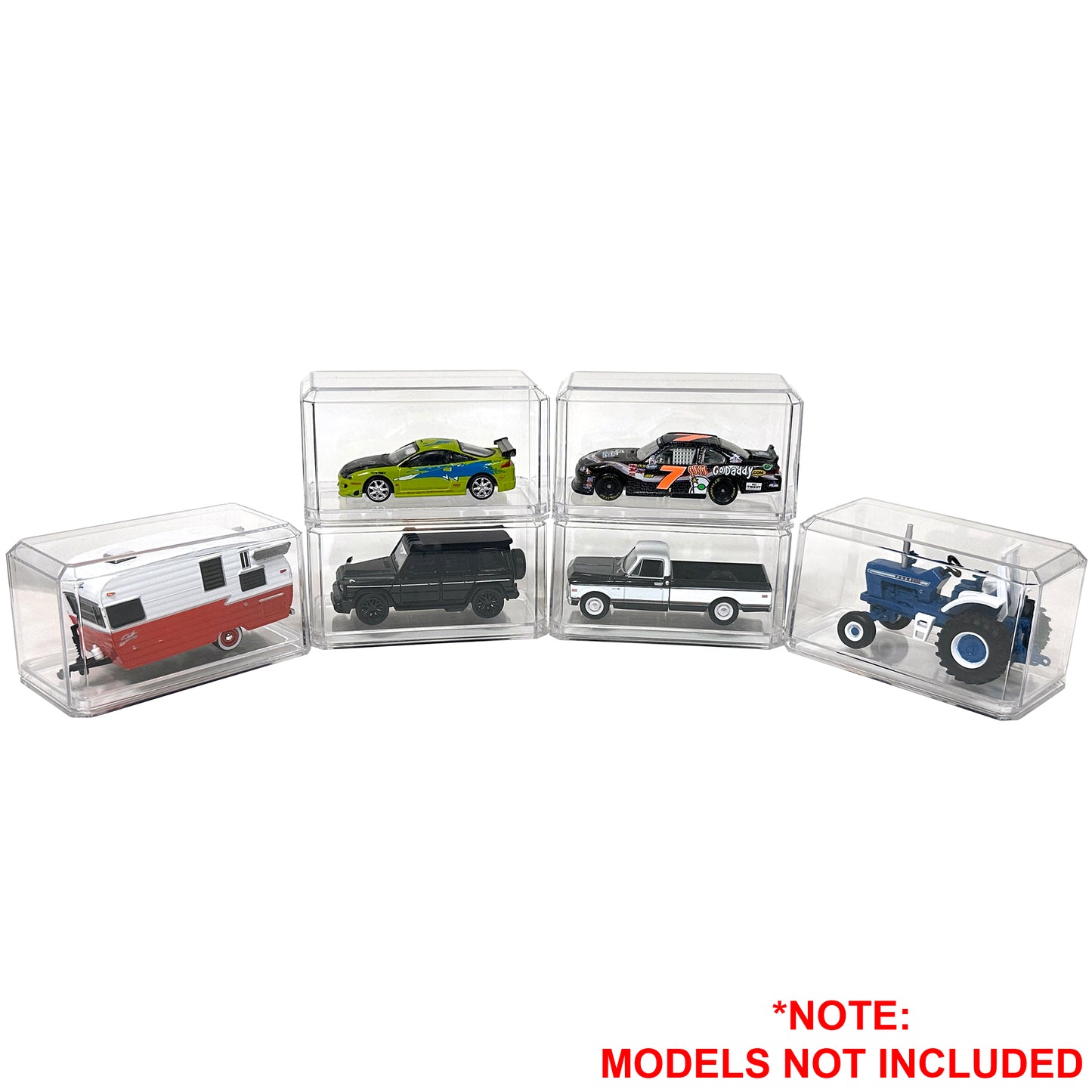 Set of clear display cases for model vehicles on a white background