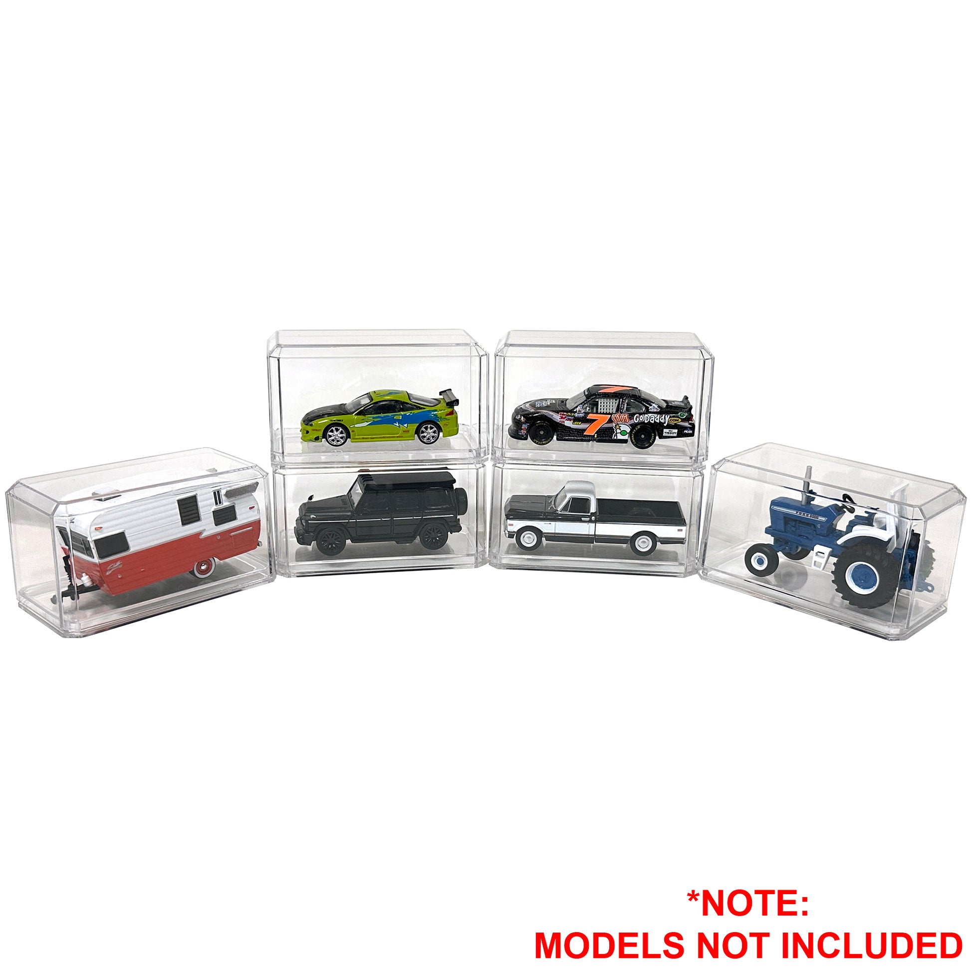 Set of clear display cases for model vehicles on a white background