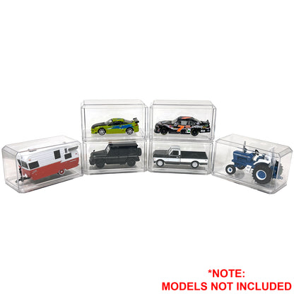 Set of clear display cases for model vehicles on a white background