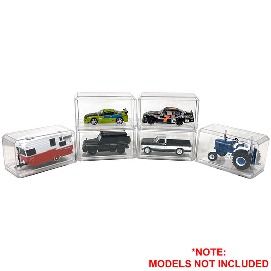Set of clear display cases for model vehicles on a white background