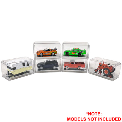 Set of clear display cases for model cars on a white background