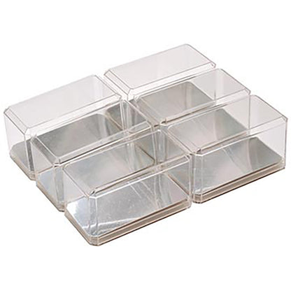 Clear plastic organizer with multiple compartments on a white background