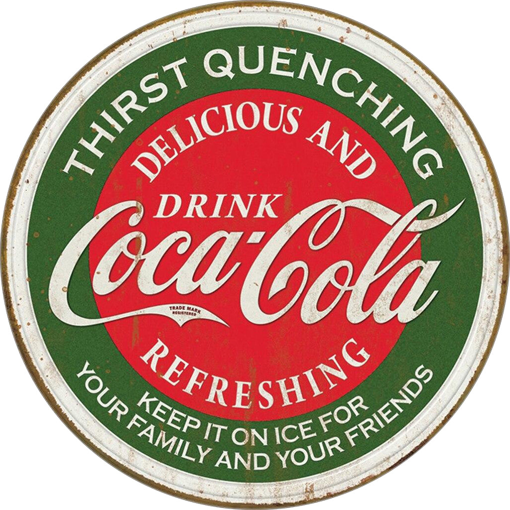 Vintage-style Coca-Cola sign with green and red colors.