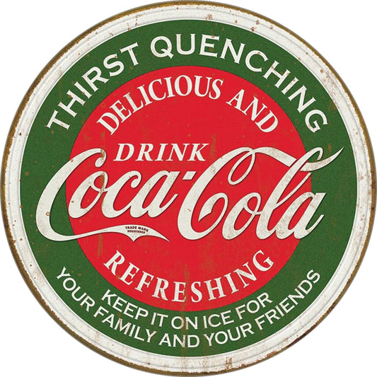 Vintage-style Coca-Cola sign with green and red colors.