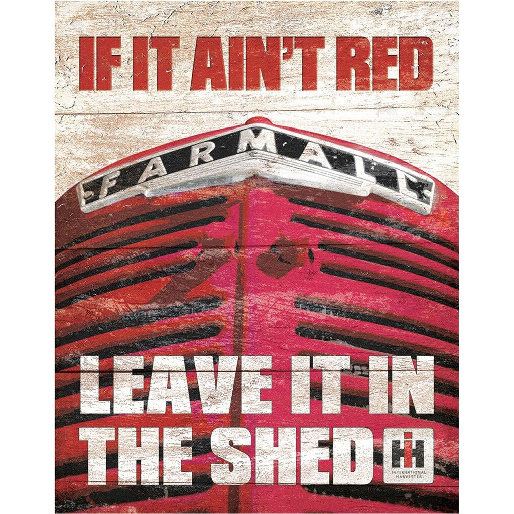 Vintage-style sign with red text and a red barn door background.