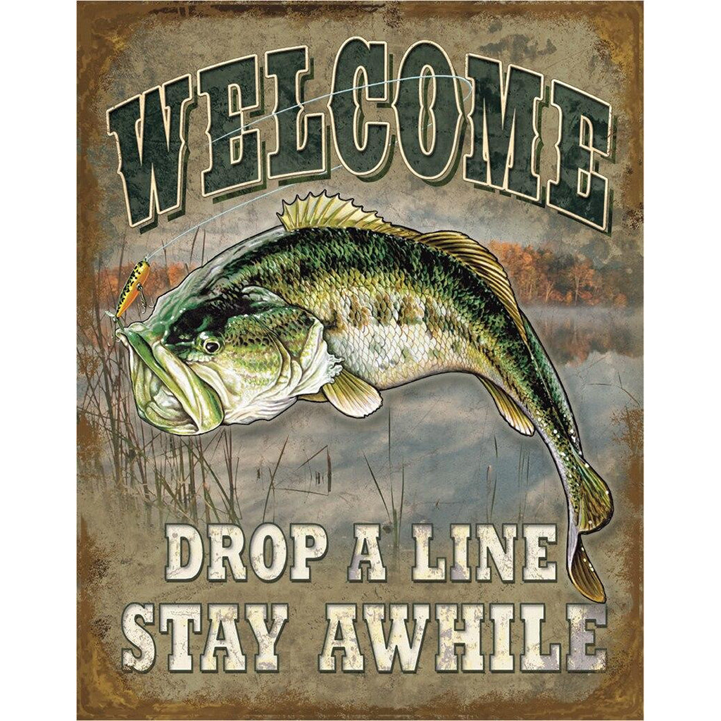 Decorative sign with a fish illustration and text 'Welcome, Drop a Line, Stay Awhile' on a rustic background.