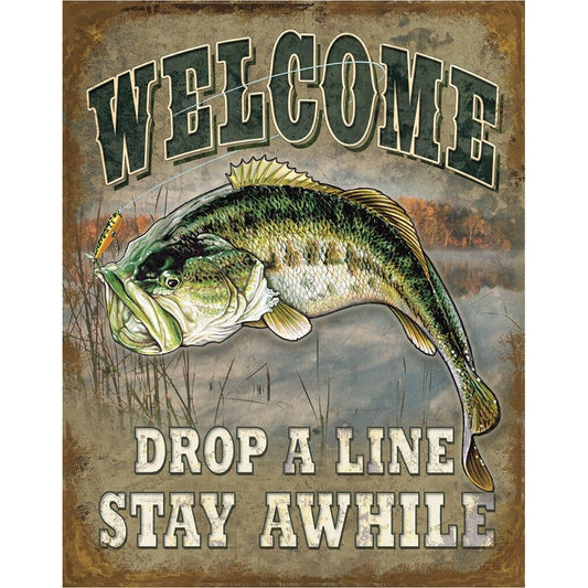 Decorative sign with a fish illustration and text 'Welcome, Drop a Line, Stay Awhile' on a rustic background.