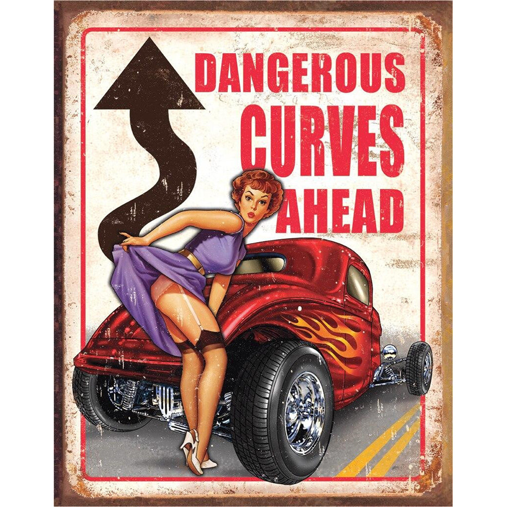 Vintage-style sign with a woman on a hot rod and 'Dangerous Curves Ahead' text.