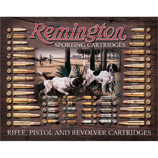 Remington sporting cartridges display with hunting scene and bullets on a wooden background