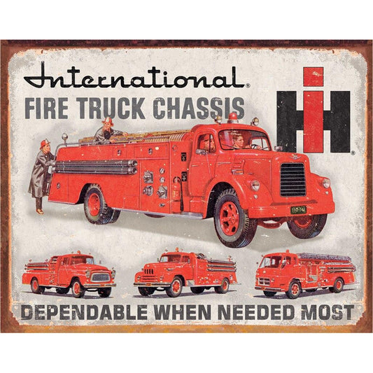 Vintage-style advertisement for International Fire Truck Chassis with a red fire truck and text on a beige background.