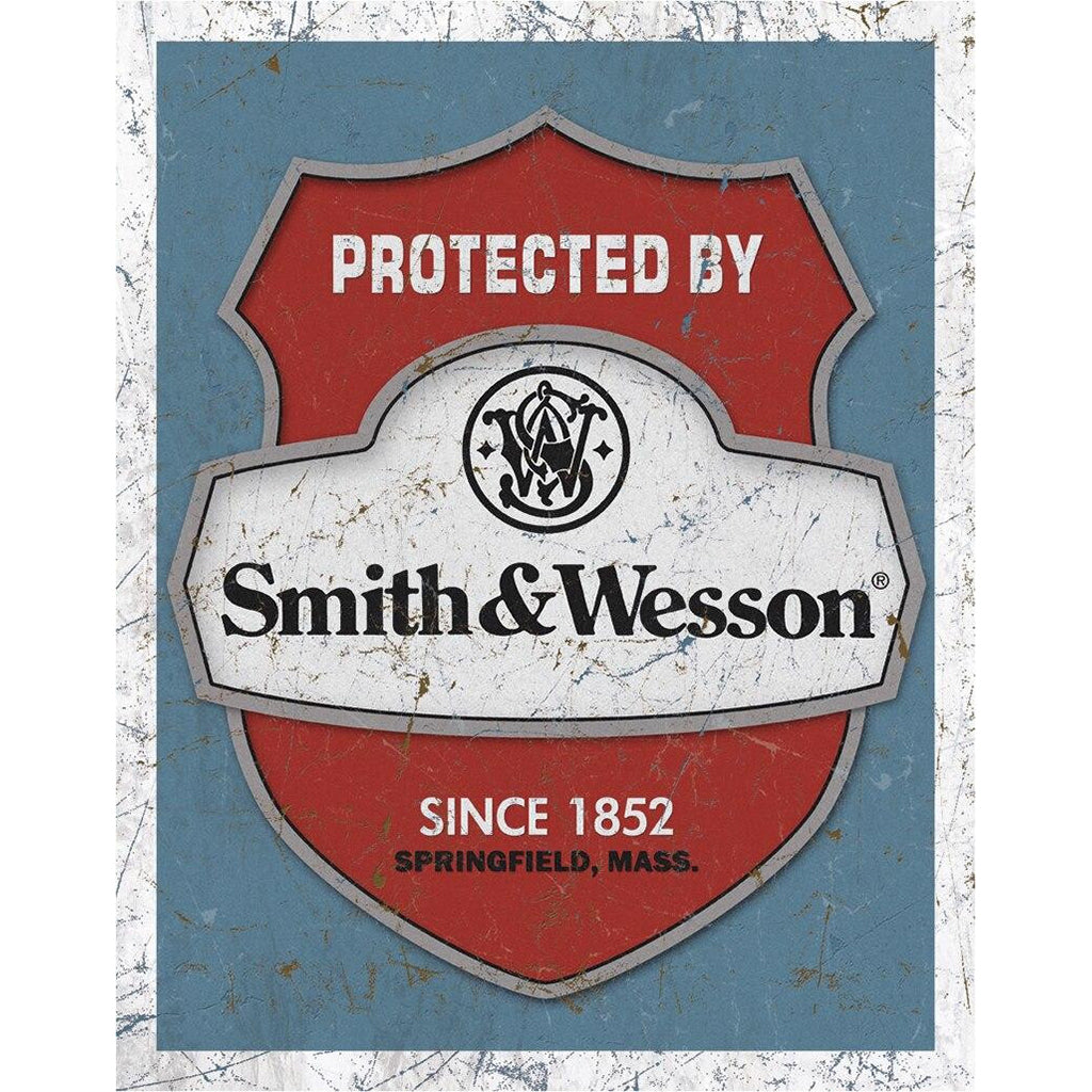 Smith & Wesson logo on a shield shape with 'Protected by' text on a blue background