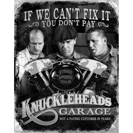Vintage-style sign with three men and a motorcycle, featuring text about a garage service promise.