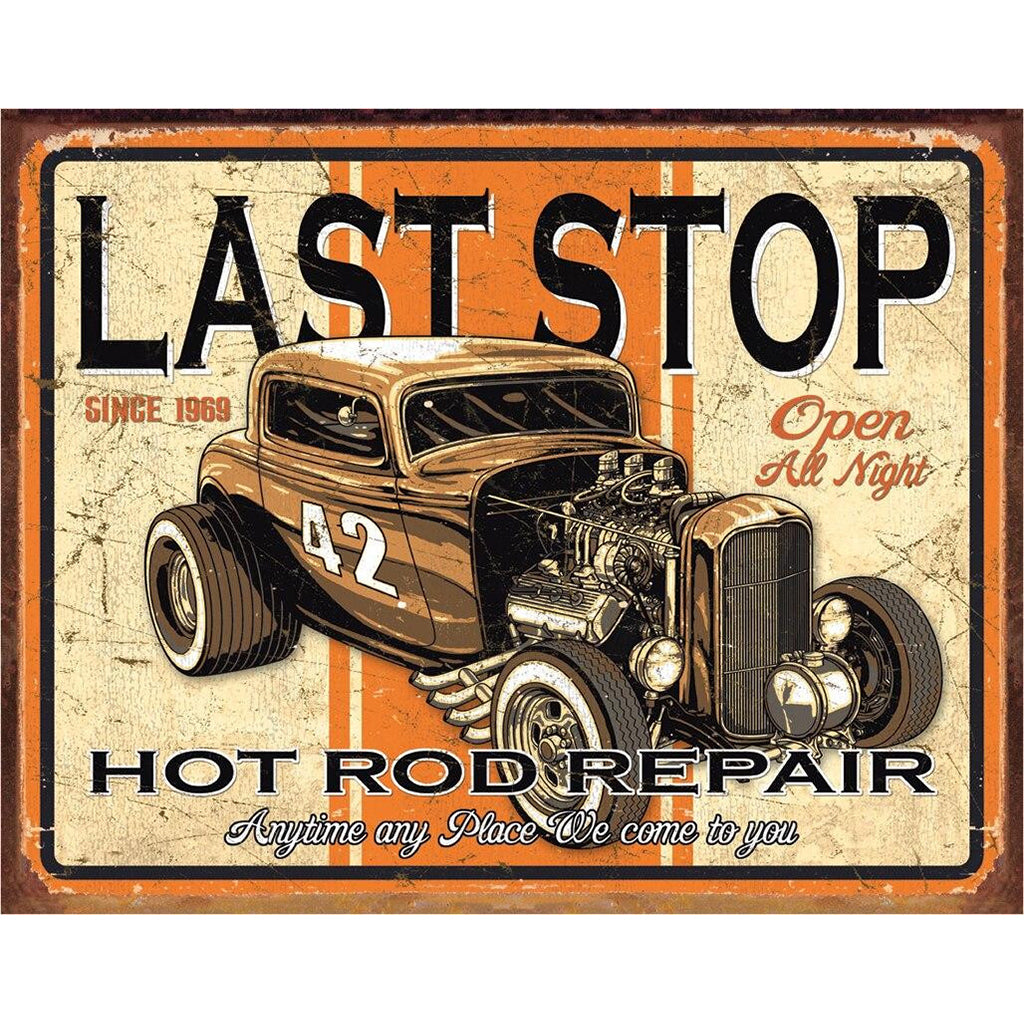 Vintage-style sign with a hot rod repair shop advertisement.