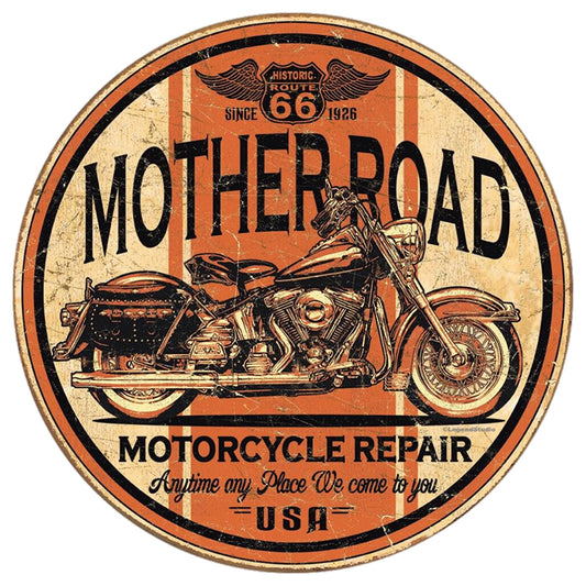 Round sign with motorcycle repair service design, featuring the text 'Mother Road Motorcycle Repair' and 'Historic Route 66'.