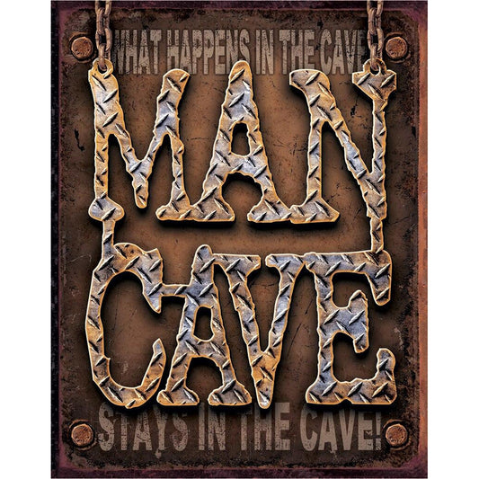 Metal sign with textured letters spelling 'MAN CAVE' on a brown background.